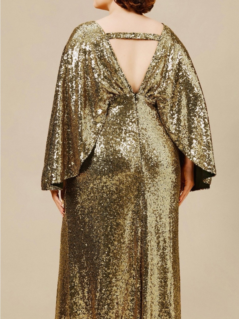 Gold Sequin Cape-Sleeve Prom Dress - Picture 3 of 4